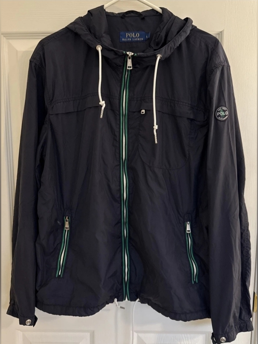 Size L - POLO by Ralph Lauren Navy Hooded Windbreaker with Green-Trim Zippers